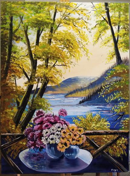 Quadros para Sala Pintura em Tela Paisagem Flores na Varanda