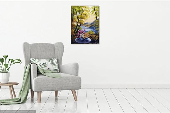Quadros para Sala Pintura em Tela Paisagem Flores na Varanda