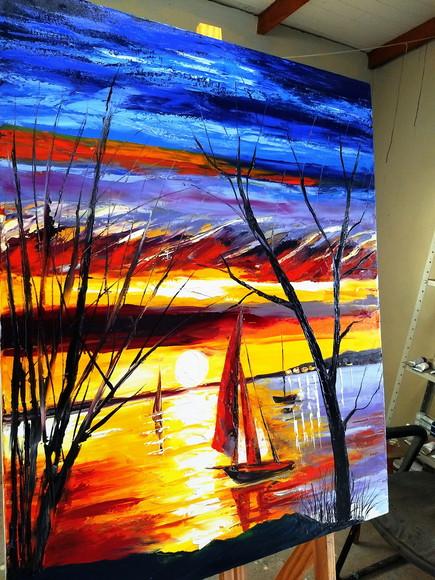 Quadros para Sala Pintura em Tela Paisagem Marina Por do Sol