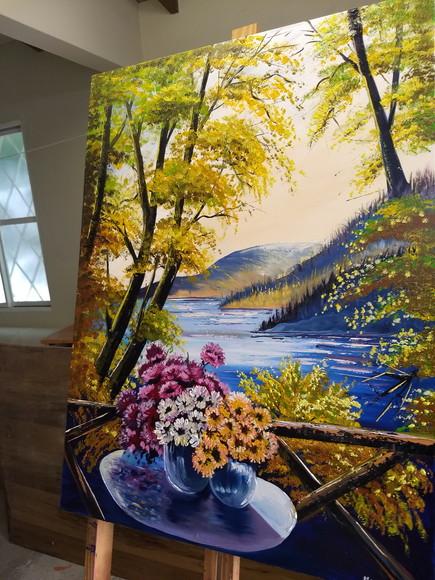 Quadros para Sala Pintura em Tela Paisagem Flores na Varanda