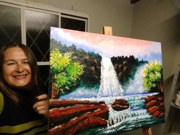 Quadros para Sala Pintura em Tela Paisagem Rio com Cachoeira