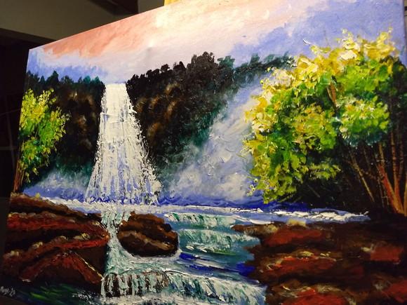 Quadros para Sala Pintura em Tela Paisagem Rio com Cachoeira