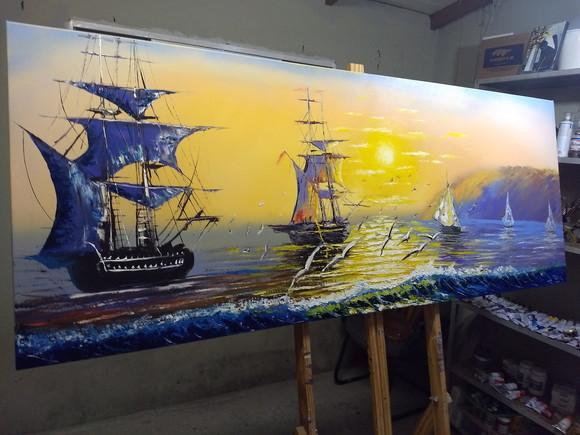 Quadros para Sala Pintura Paisagem Mar Caravelas Black Black