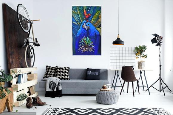 Quadros para Sala Pintura Tela Animais Passaros Araras Azuis