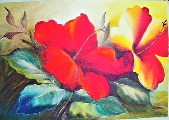 Quadros para Sala Pintura Tela Floral Hibiscus Vermelhos