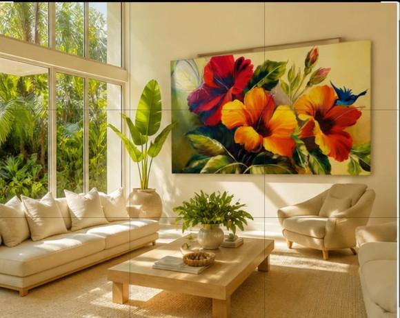 Quadros para Sala Pintura Tela Floral Hibiscus Black Friday