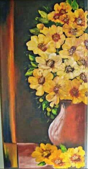 Quadros para Sala Pintura Tela Flores Amarelas Vaso de Barro