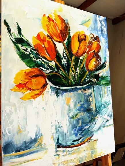 Quadros para Sala Pintura Tela Floral Tulipas Amarelas