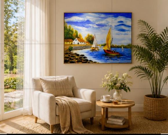Quadros para Sala Pintura Tela Mar Praia Barcos Black Friday