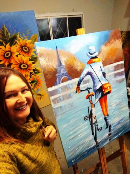 Quadros para Sala Pintura Tela Mulher Bike Pedalar em París
