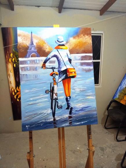 Quadros para Sala Pintura Tela Mulher Bike Pedalar em París