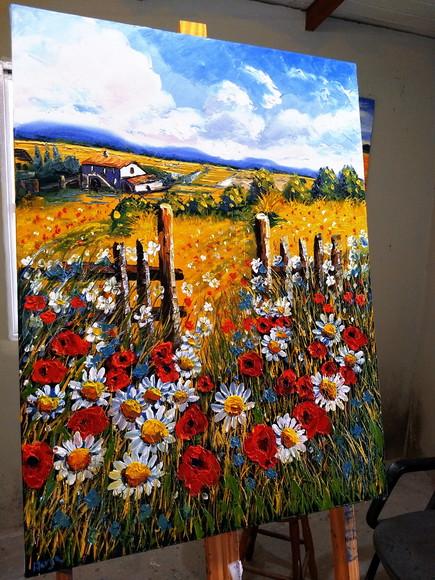 Quadros para Sala Pintura Tela Paisagem Campo de Margaridas
