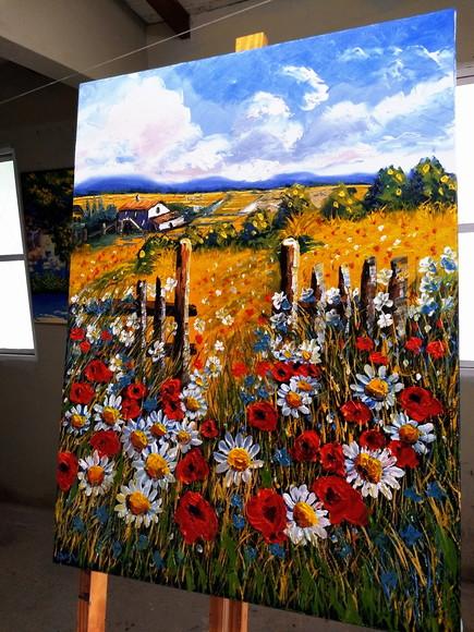 Quadros para Sala Pintura Tela Paisagem Campo de Margaridas