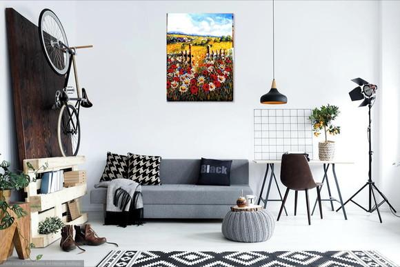 Quadros para Sala Pintura Tela Paisagem Campo de Margaridas