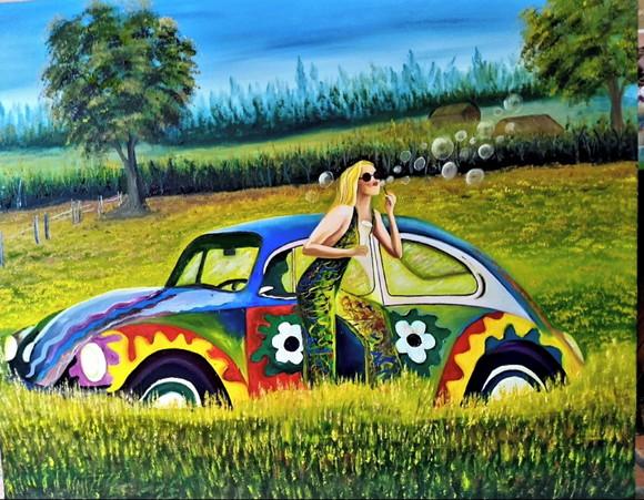 Quadros para Sala Pintura Tela Paisagem Campo Mulher Fusca