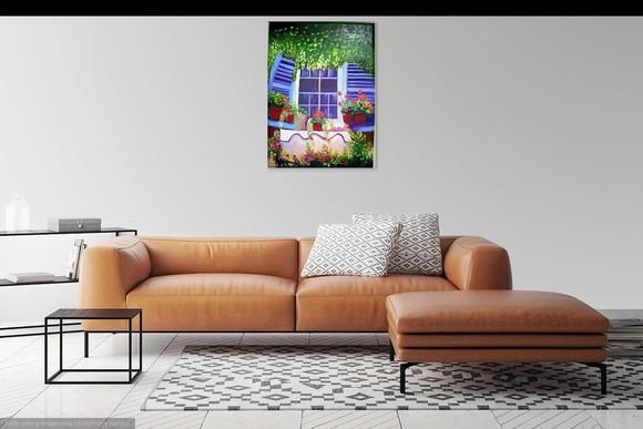 Quadros para Sala Pintura Tela Paisagem Flores na Janela