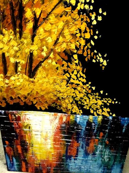Quadros Pintura Árvore Amarela Reflexo na Água Black Friday