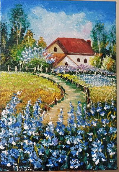 Quadros Pintura Casa no Campo de Flores Azuis Black Friday