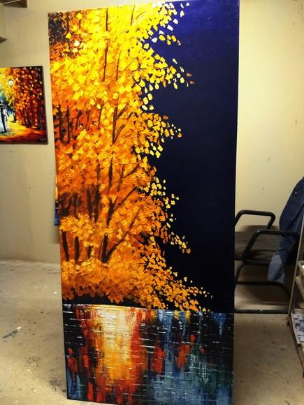 Quadros Pintura Árvore Amarela Reflexo na Água Black Friday