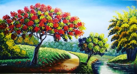 Quadros Pintura Campo Árvore Flamboiant Presente de Natal