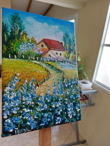 Quadros Pintura Casa no Campo de Flores Azuis Black Friday