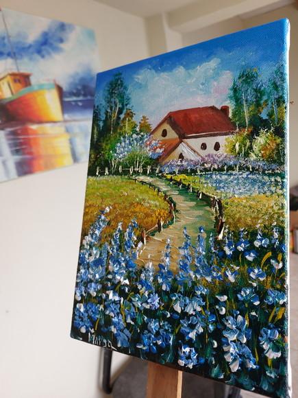 Quadros Pintura Casa no Campo de Flores Azuis Black Friday