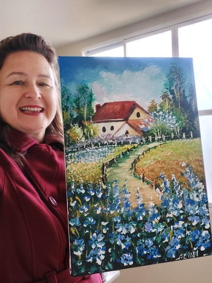 Quadros Pintura Casa no Campo de Flores Azuis Black Friday