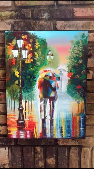 Quadros Pintura em Tela Abstrato Moderno Love Casal na Chuva
