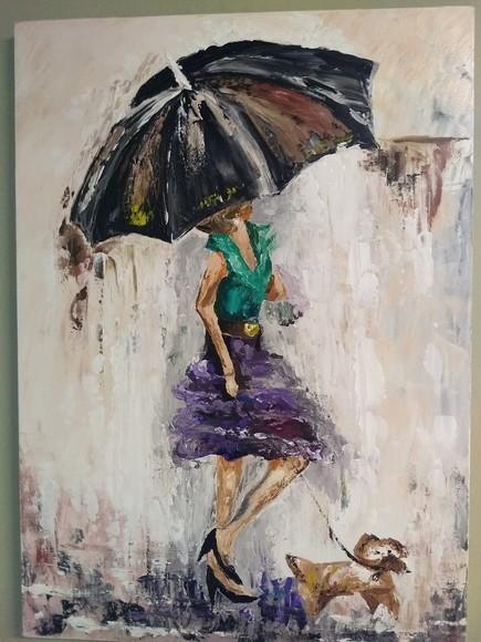 Quadros Pintura em Tela Abstrato Moderno Mulher Cão na Chuva