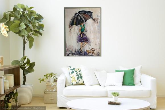 Quadros Pintura em Tela Abstrato Moderno Mulher Cão na Chuva