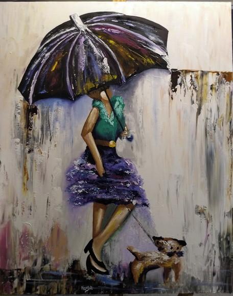 Quadros Pintura em Tela Abstrato Moderno Mulher Cão na Chuva