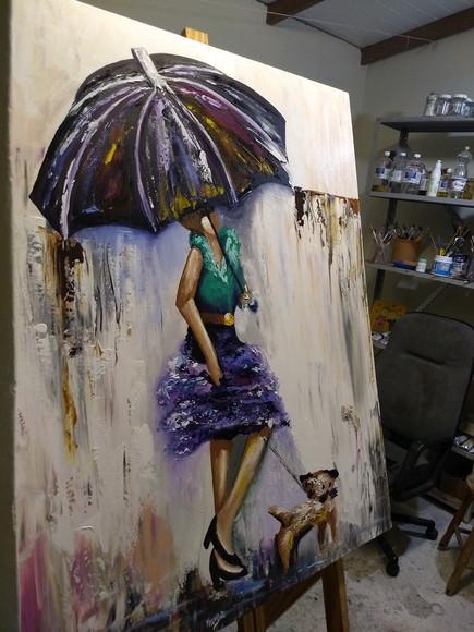 Quadros Pintura em Tela Abstrato Moderno Mulher Cão na Chuva