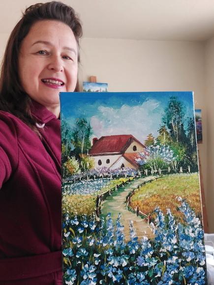Quadros Pintura em Tela Casa no Campo de Flores Azuis