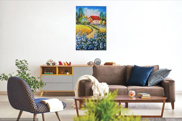 Quadros Pintura em Tela Casa no Campo de Flores Azuis