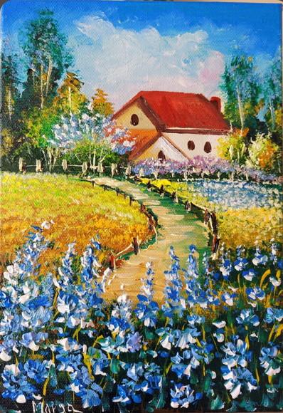 Quadros Pintura em Tela Casa no Campo de Flores Azuis