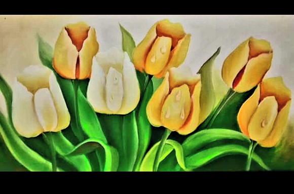 Quadros Pintura em Tela Floral Campo de Tulipas Amarelas