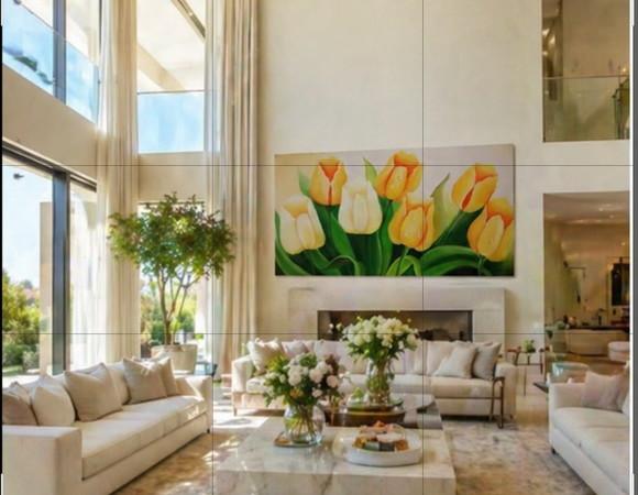 Quadros Pintura em Tela Floral Campo de Tulipas Amarelas