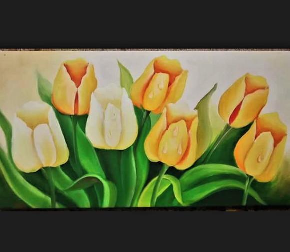 Quadros Pintura em Tela Floral Campo de Tulipas Amarelas