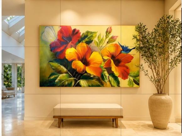 Quadros Pintura em Tela Floral Hibiscus Borboleta Beija-flor