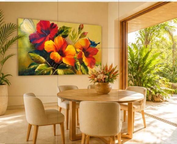 Quadros Pintura em Tela Floral Hibiscus Borboleta Beija-flor