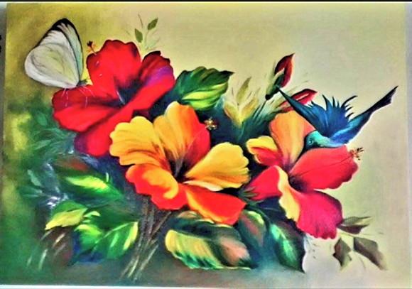Quadros Pintura em Tela Floral Hibiscus Borboleta Beija-flor