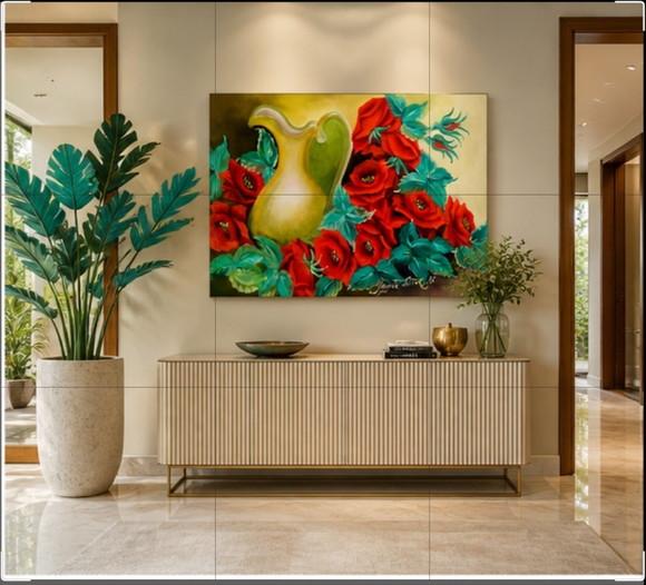 Quadros Pintura em Tela Floral Rosas Vermelhas no Vaso