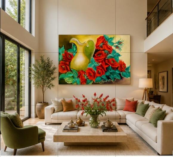 Quadros Pintura em Tela Floral Rosas Vermelhas no Vaso