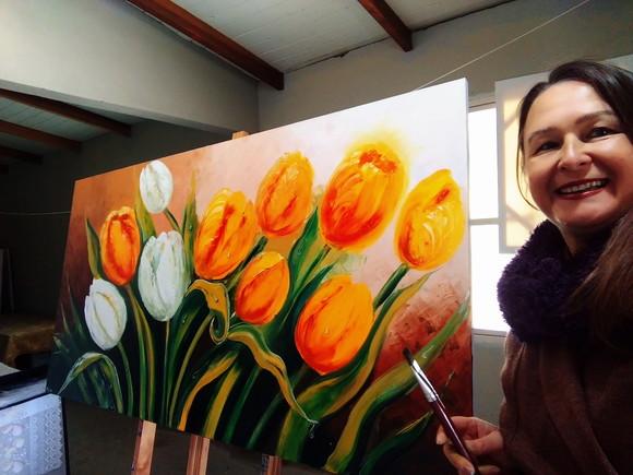 Quadros Pintura em Tela Floral Tulípas Amarelas Orvalho