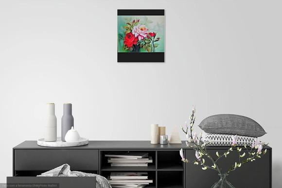Quadros Pintura em Tela Floral Roseira Vermelhas e Rosa