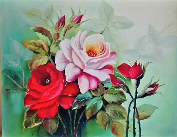 Quadros Pintura em Tela Floral Roseira Vermelhas e Rosa