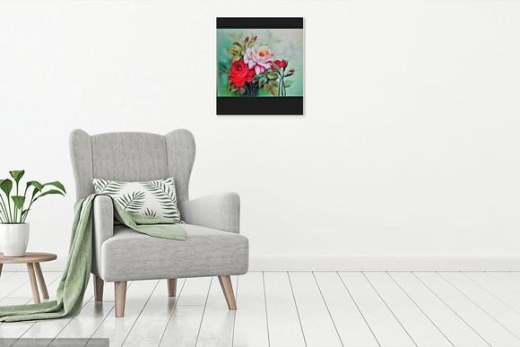 Quadros Pintura em Tela Floral Roseira Vermelhas e Rosa