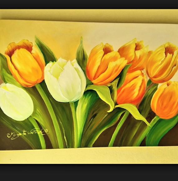 Quadros Pintura em Tela Floral Tulípas Amarelas Orvalho