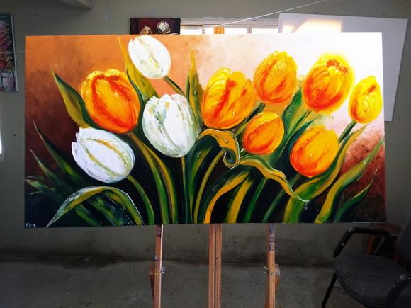 Quadros Pintura em Tela Floral Tulípas Amarelas Orvalho