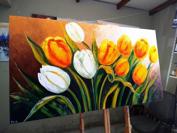 Quadros Pintura em Tela Floral Tulípas Amarelas Orvalho
